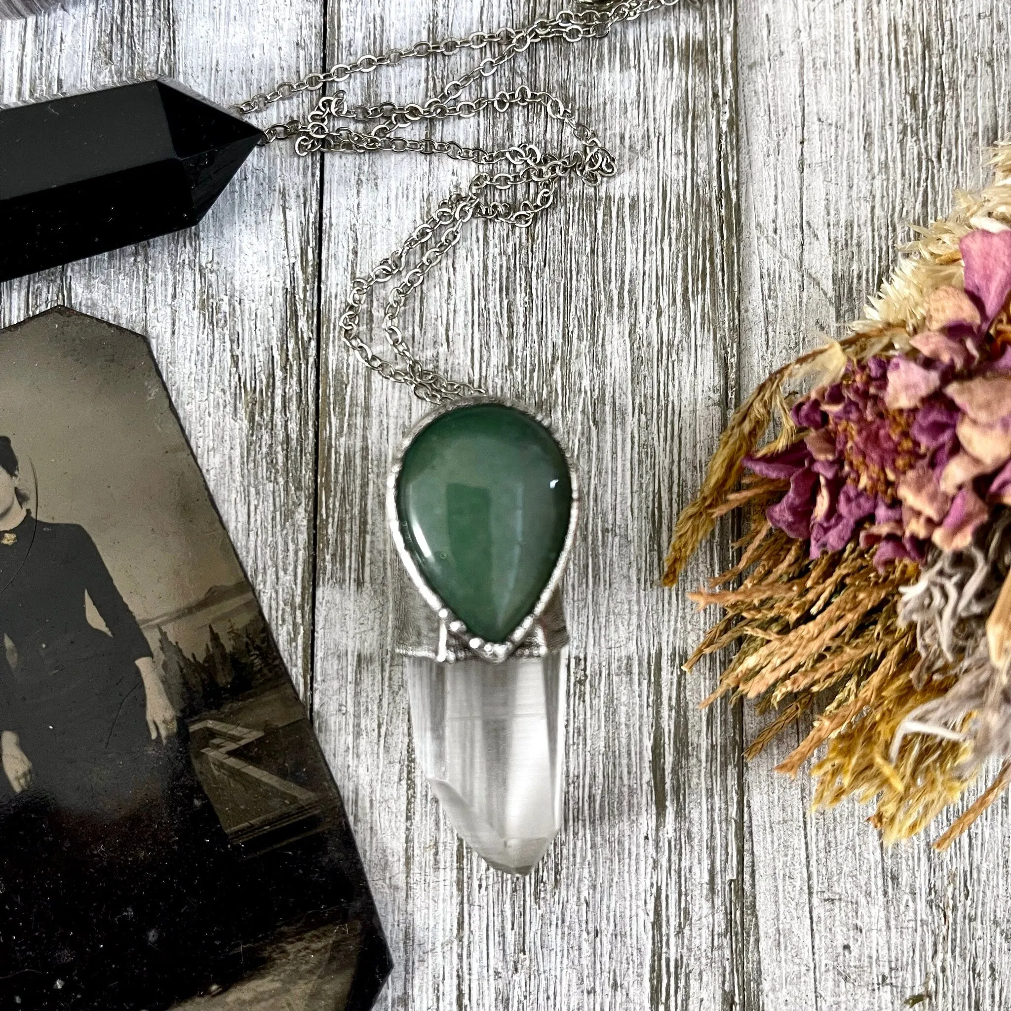 Raw Clear Quartz & Green Aventurine Crystal Statement Necklace in Fine Silver / Foxlark Collection - One of a Kind