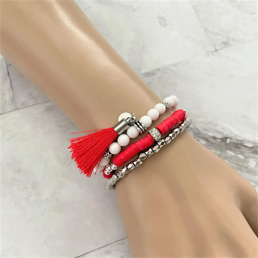 Red Polymer Clay and Silver Beaded Bracelet