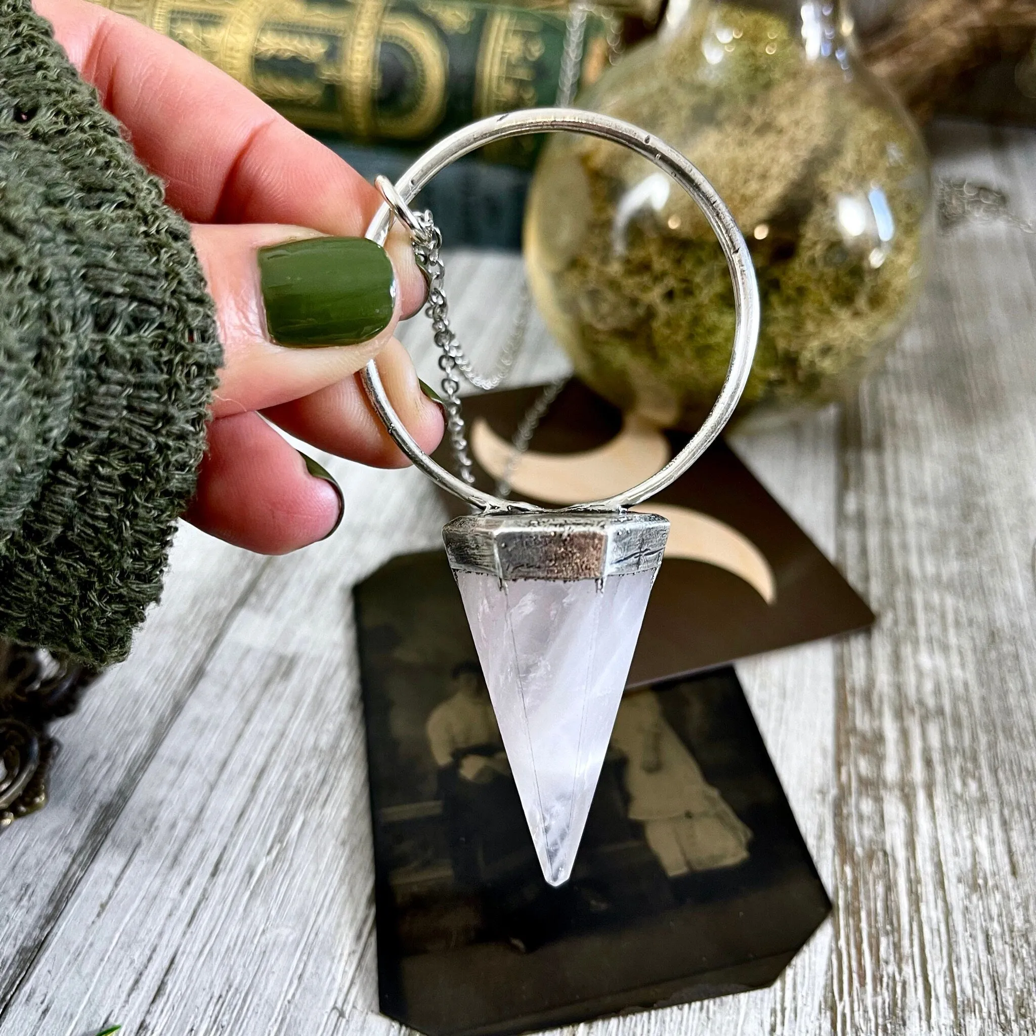 Rose Quartz Crystal Pendulum Necklace Pendant in Fine Silver  / Foxlark Collection