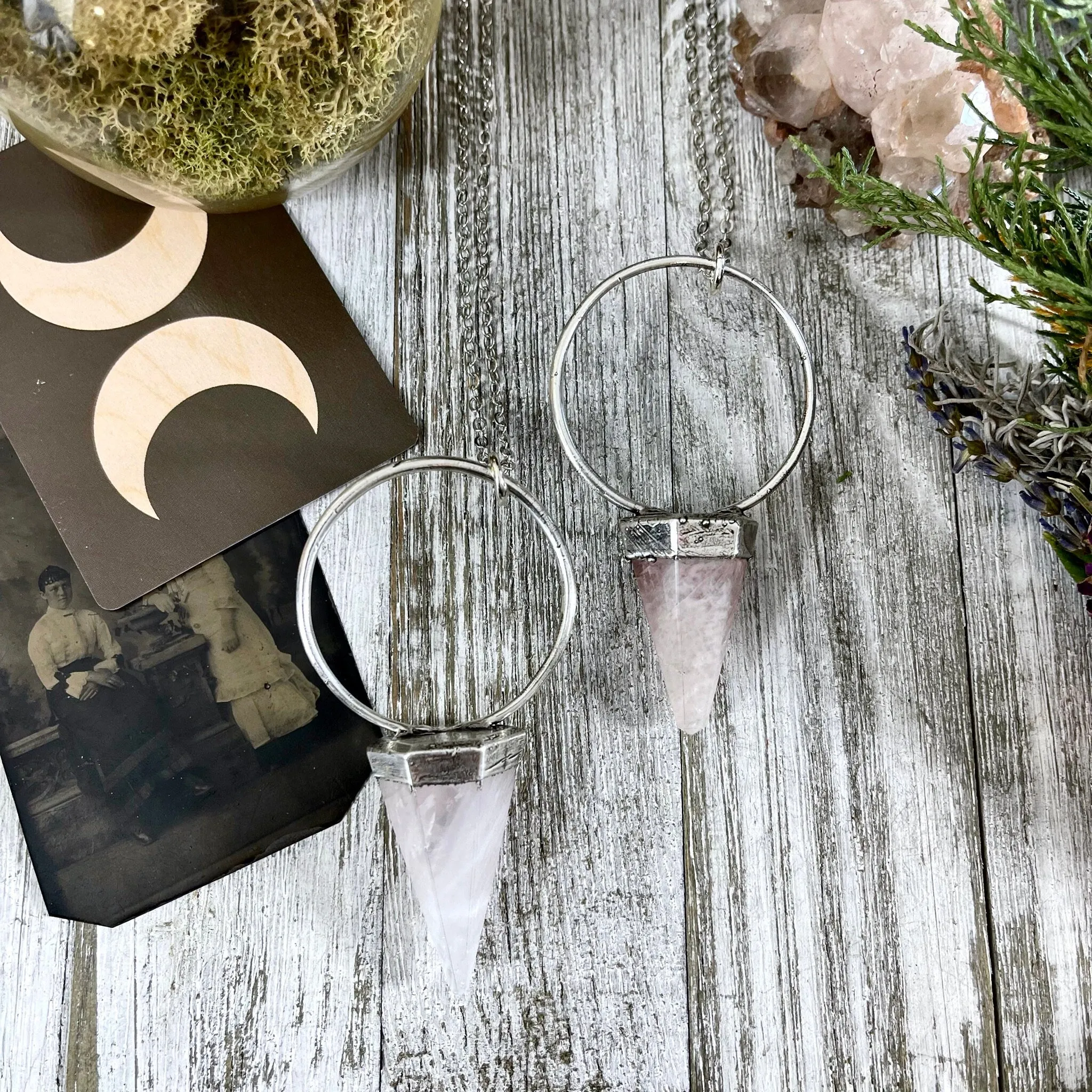 Rose Quartz Crystal Pendulum Necklace Pendant in Fine Silver  / Foxlark Collection