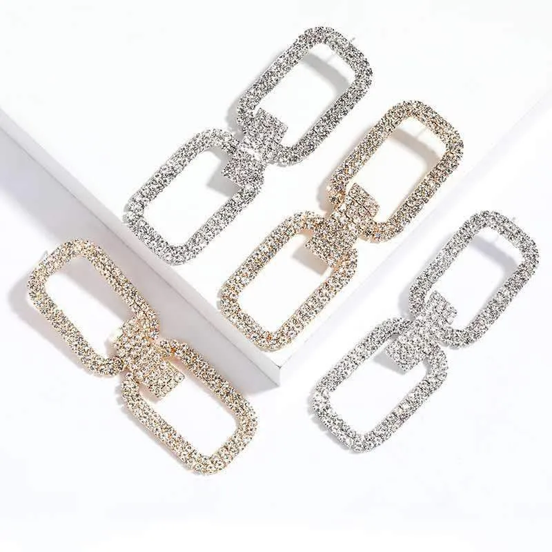 Rounded Rectangle Geometric Rhinestone link Dangle Earrings