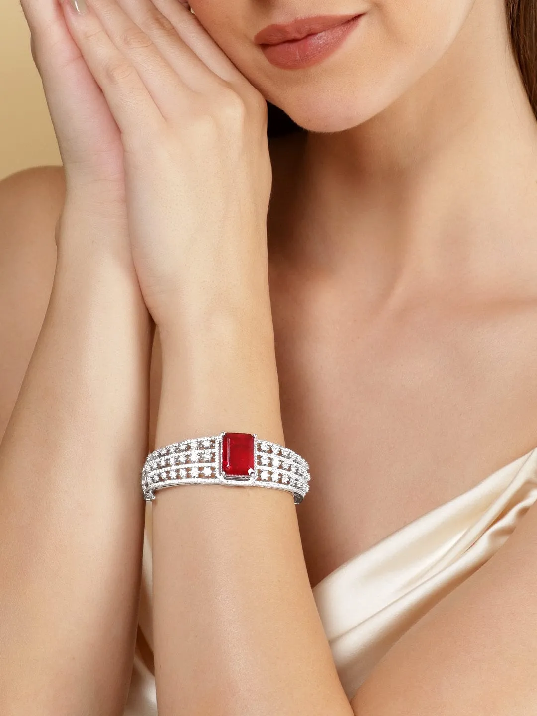 Rubans Rhodium Plated Ruby Red Doublet & Zirconia Statement Bracelet