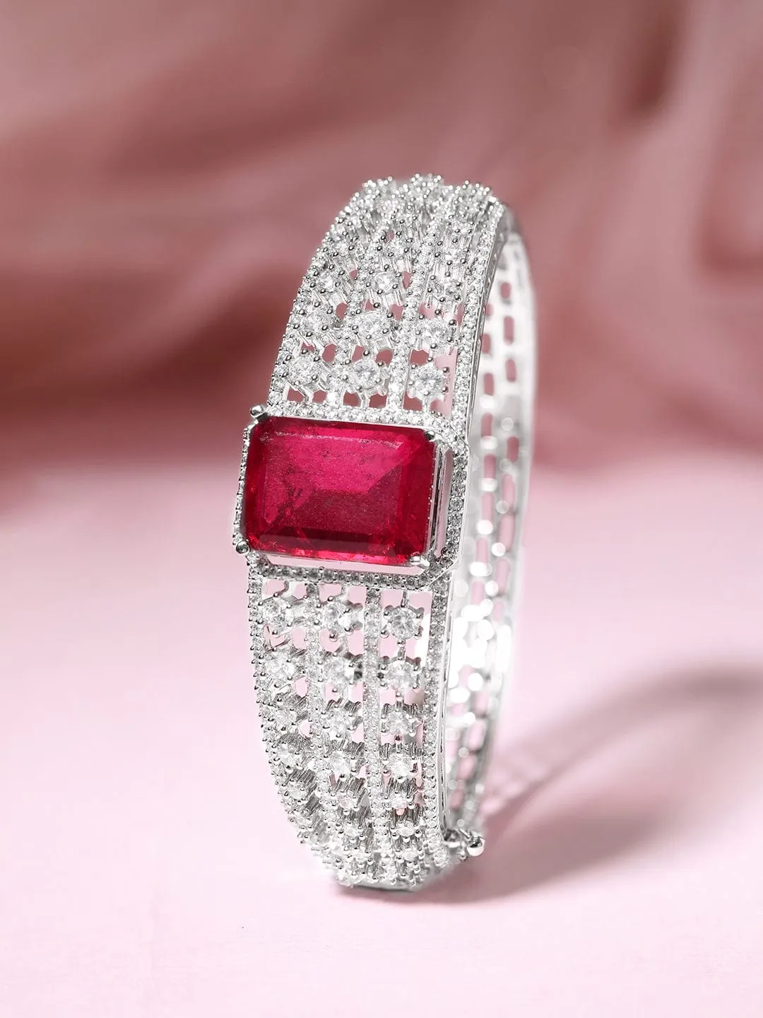 Rubans Rhodium Plated Ruby Red Doublet & Zirconia Statement Bracelet