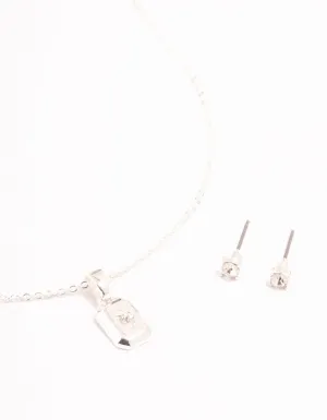 Silver Plated Rectangle Necklace & Stud Earrings Set