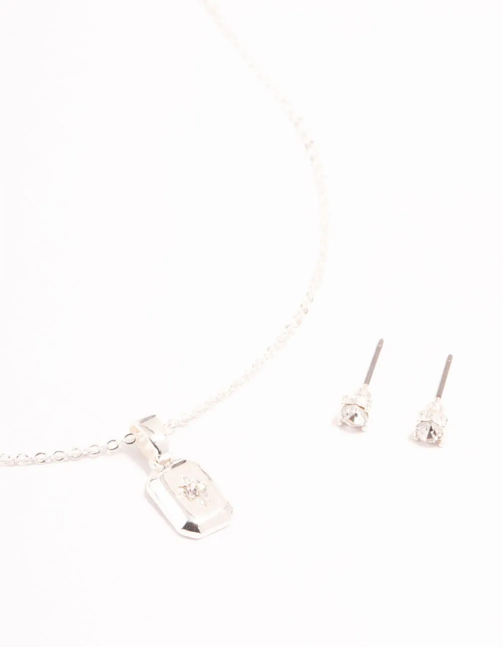 Silver Plated Rectangle Necklace & Stud Earrings Set