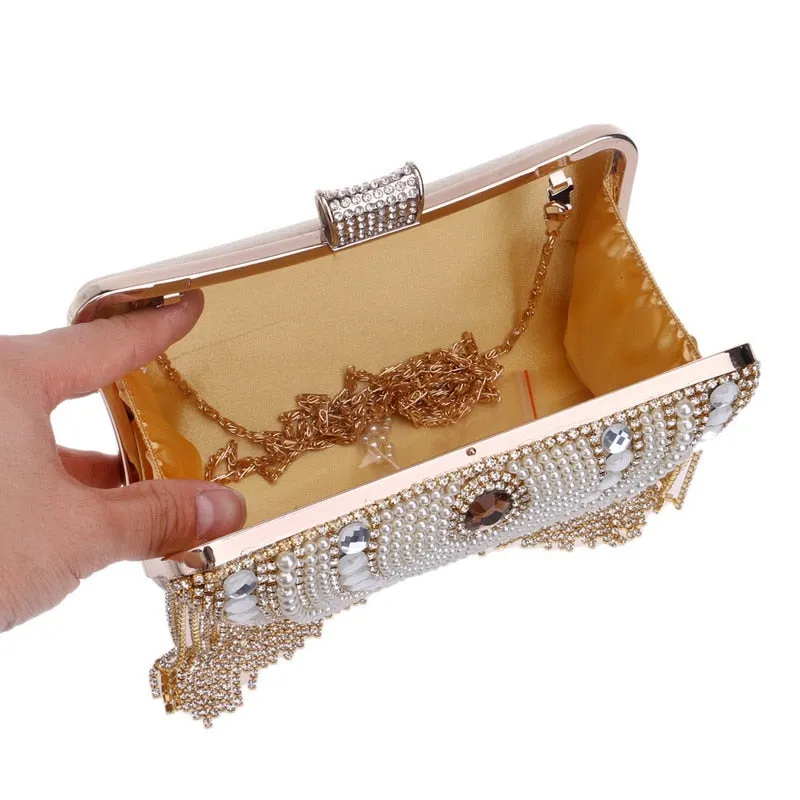 Sparkling Tassel Beaded Clutch Bag with Chain