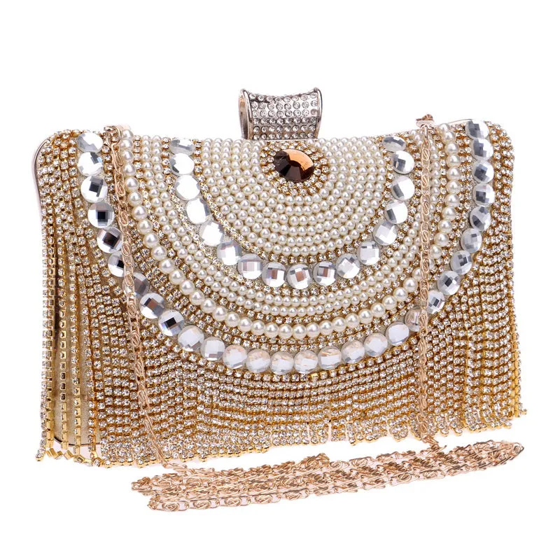 Sparkling Tassel Beaded Clutch Bag with Chain