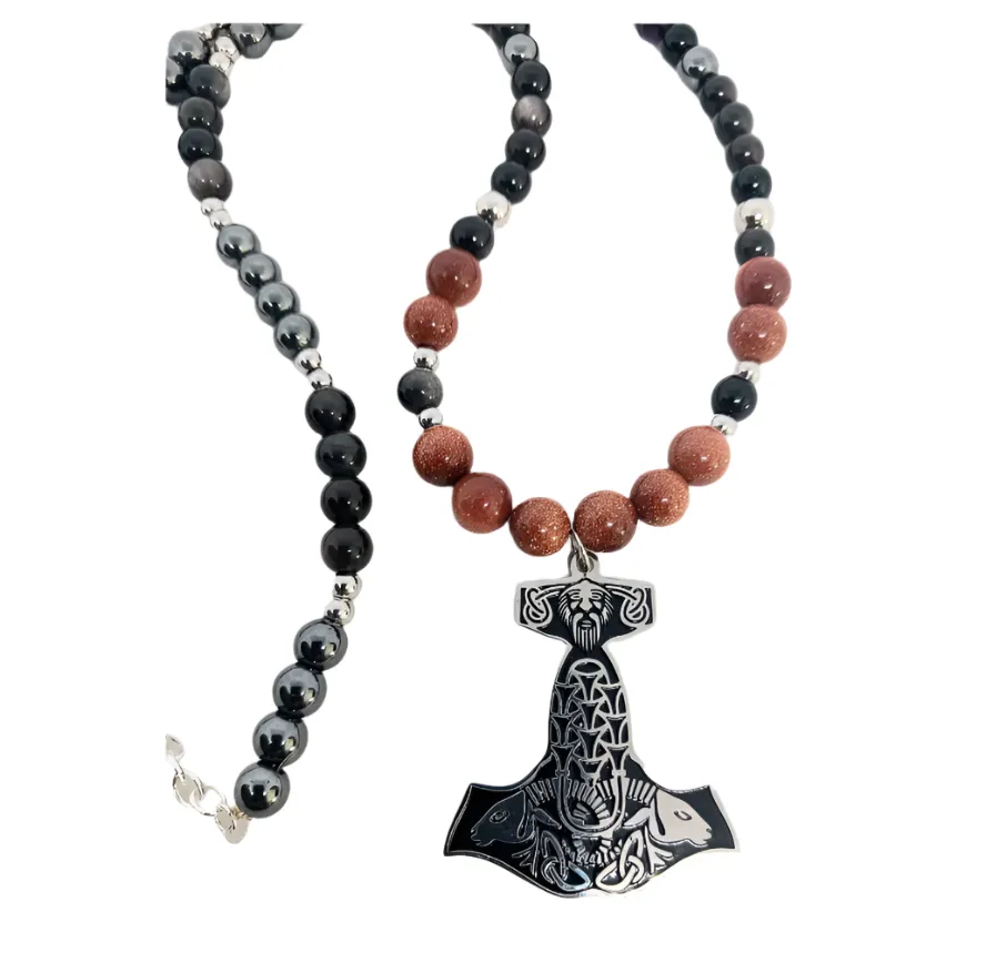 Stainless Steel Mjölnir Necklace with Gold Sandstone and Obsidian Crystal