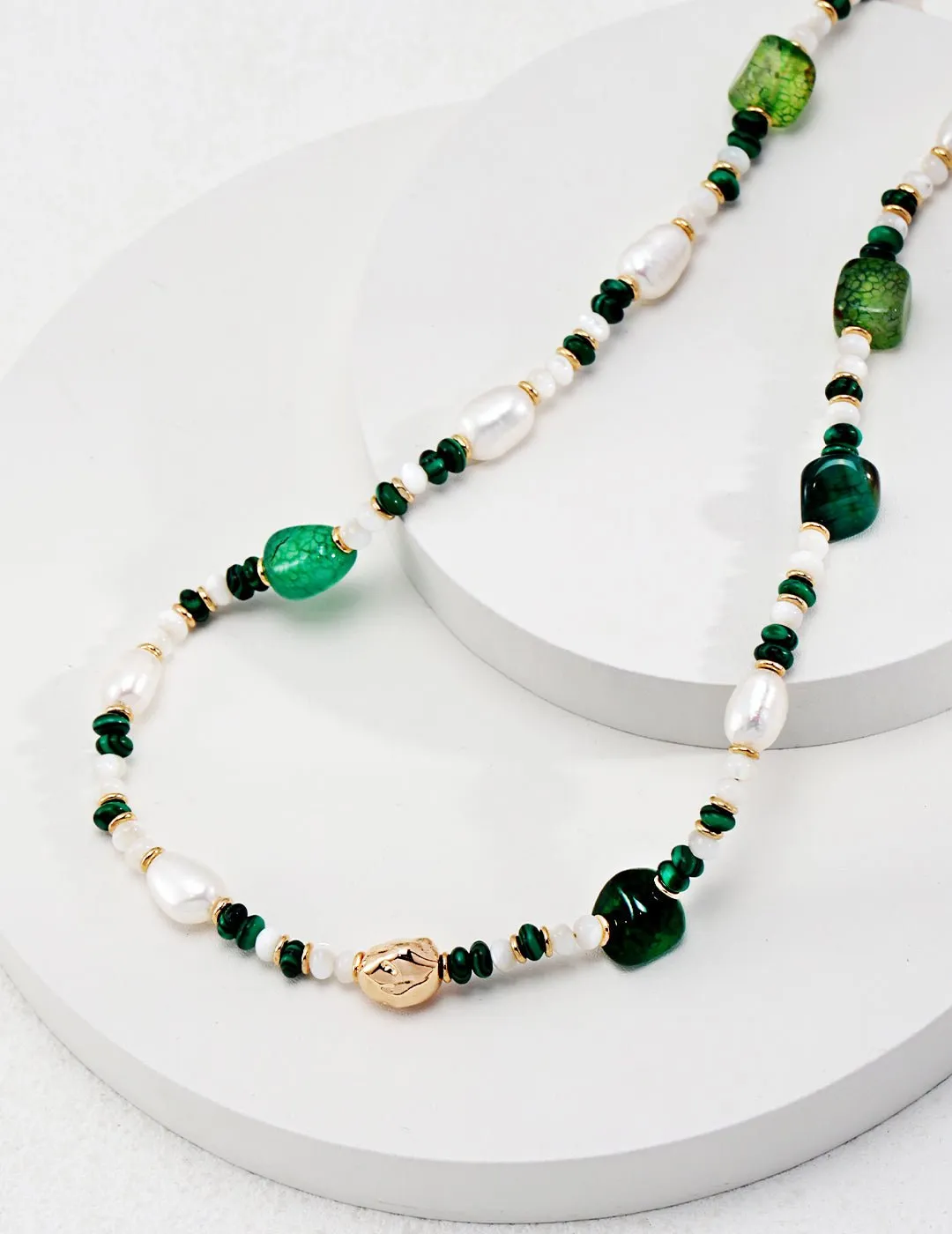 The Multielement Necklace Featuring Malachite Pearls and Green Onyx