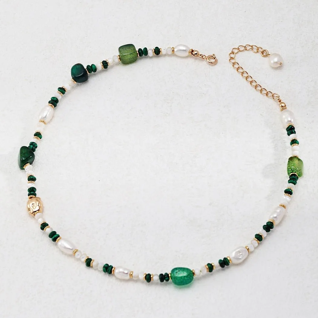 The Multielement Necklace Featuring Malachite Pearls and Green Onyx