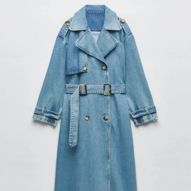 Women's Elegant Denim Trench Coat with Belt On Waist | Ideal for Autumn/Winter