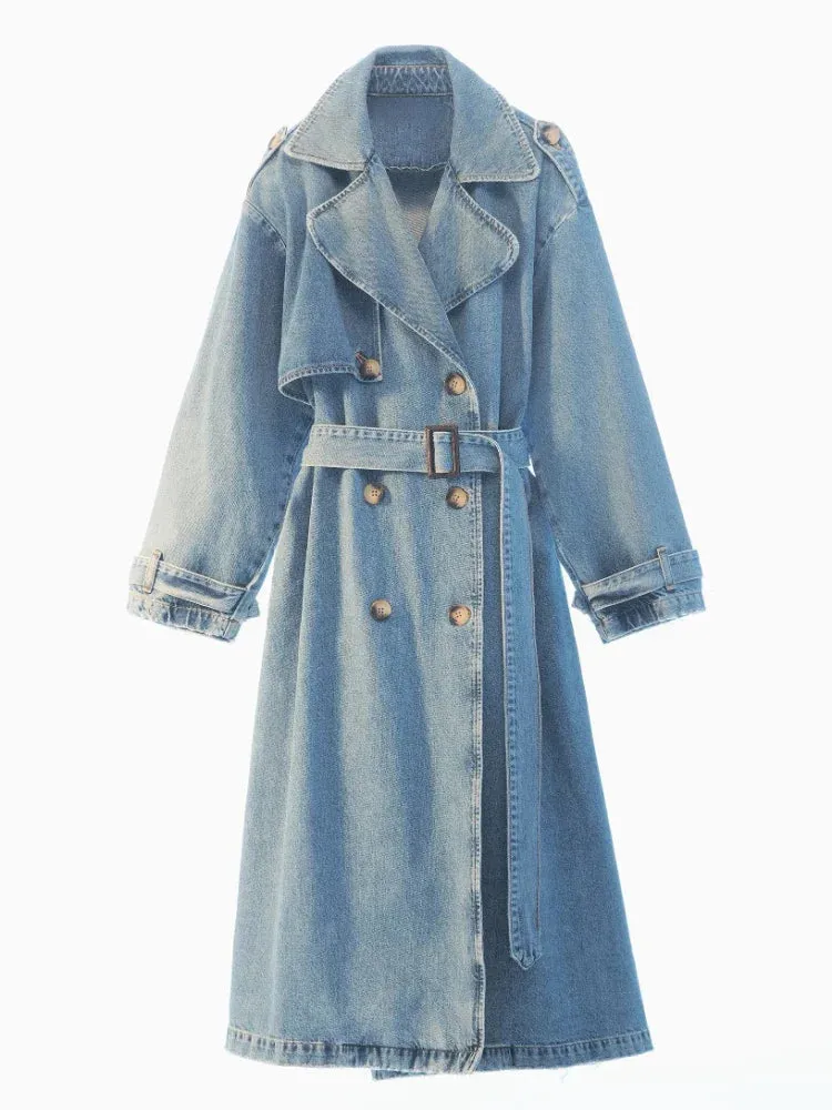 Women's Elegant Denim Trench Coat with Belt On Waist | Ideal for Autumn/Winter